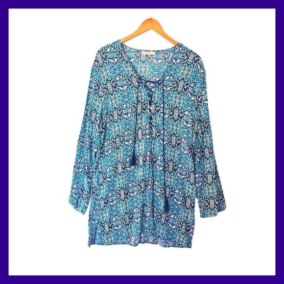 La Blanca Lace Up V-Neck Tunic Blue Floral Figural‎ Print XL - Picture 1 of 13